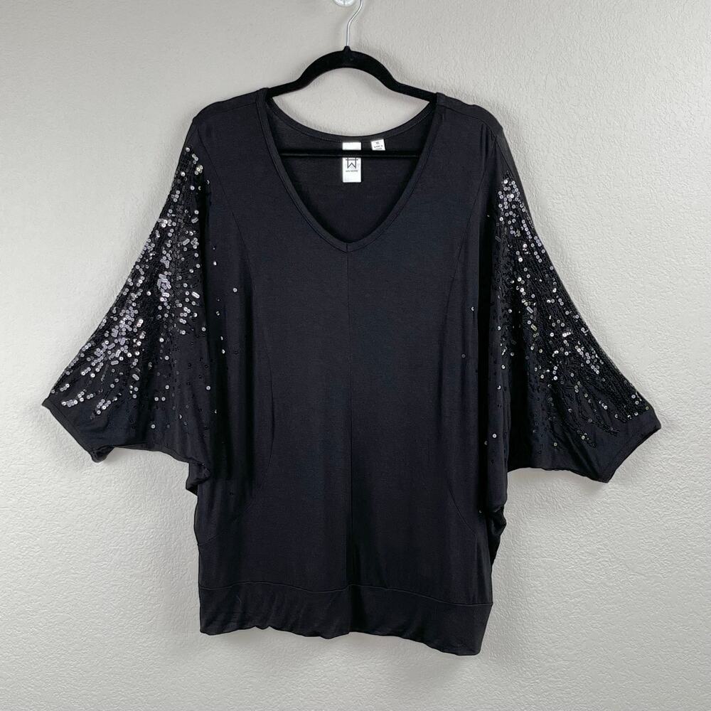 Marc Bouwer Black Sequin Top XL Dolman Sleeve V Neck Blouse Y2K Night Luxe Glam